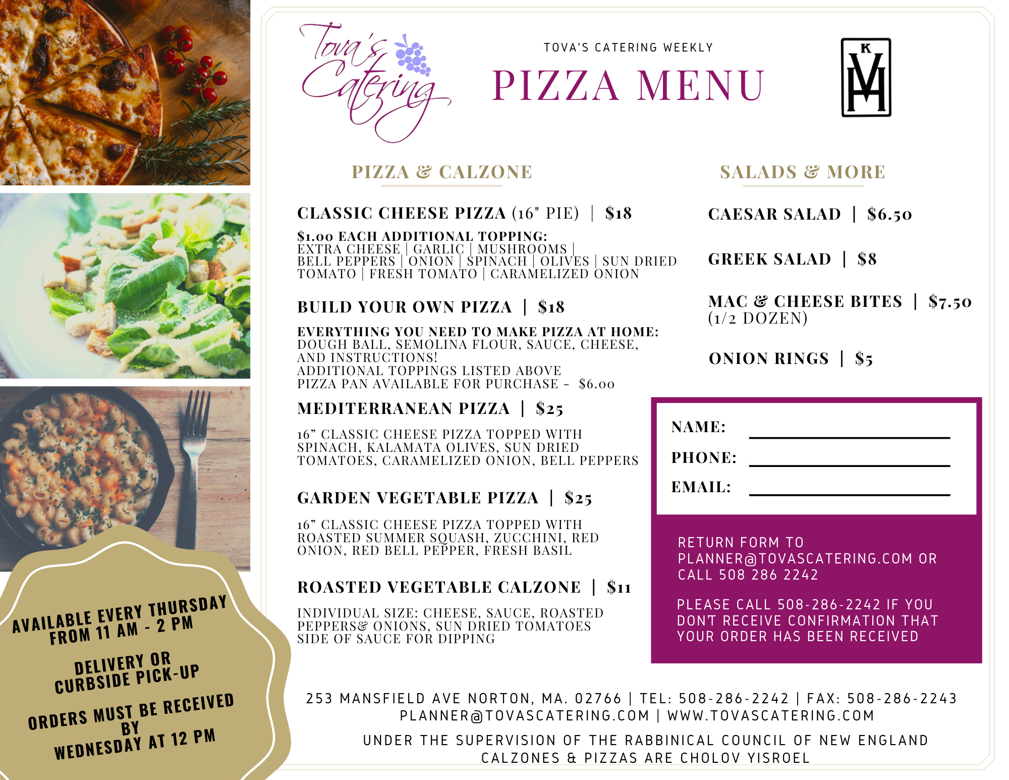 Tova's Catering Sample Menus Certified Glatt Kosher Catering in